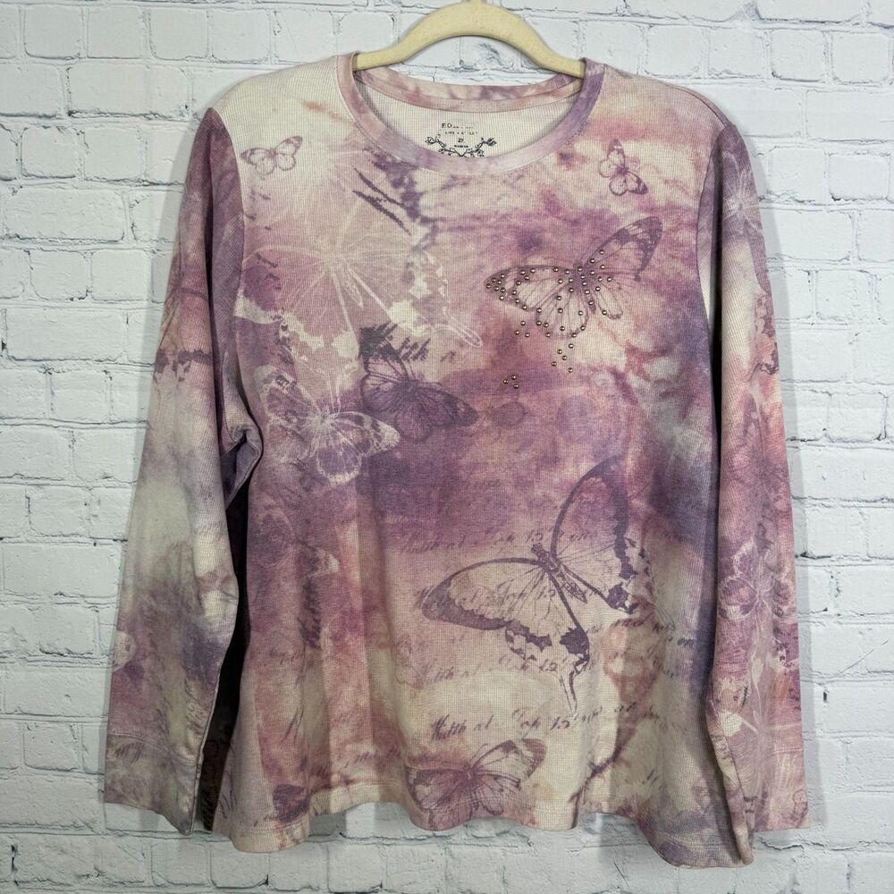 Y2K Thermal Blouse Women Plus 2X Waffle Knit Butterfly Cottage Retro Chic Top